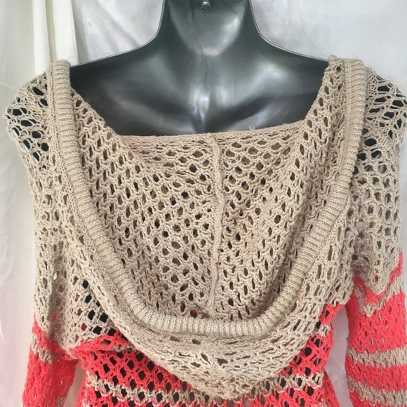 American Eagle Coral Beige Crochet Open Knit Hooded Long Sweater Y2K XS Fairy - Picture 9 of 10